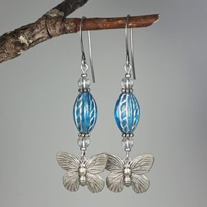 HAND CRAFTED Silver Butterfly Blue Artisan Glass Boho Vintage Style Earrings